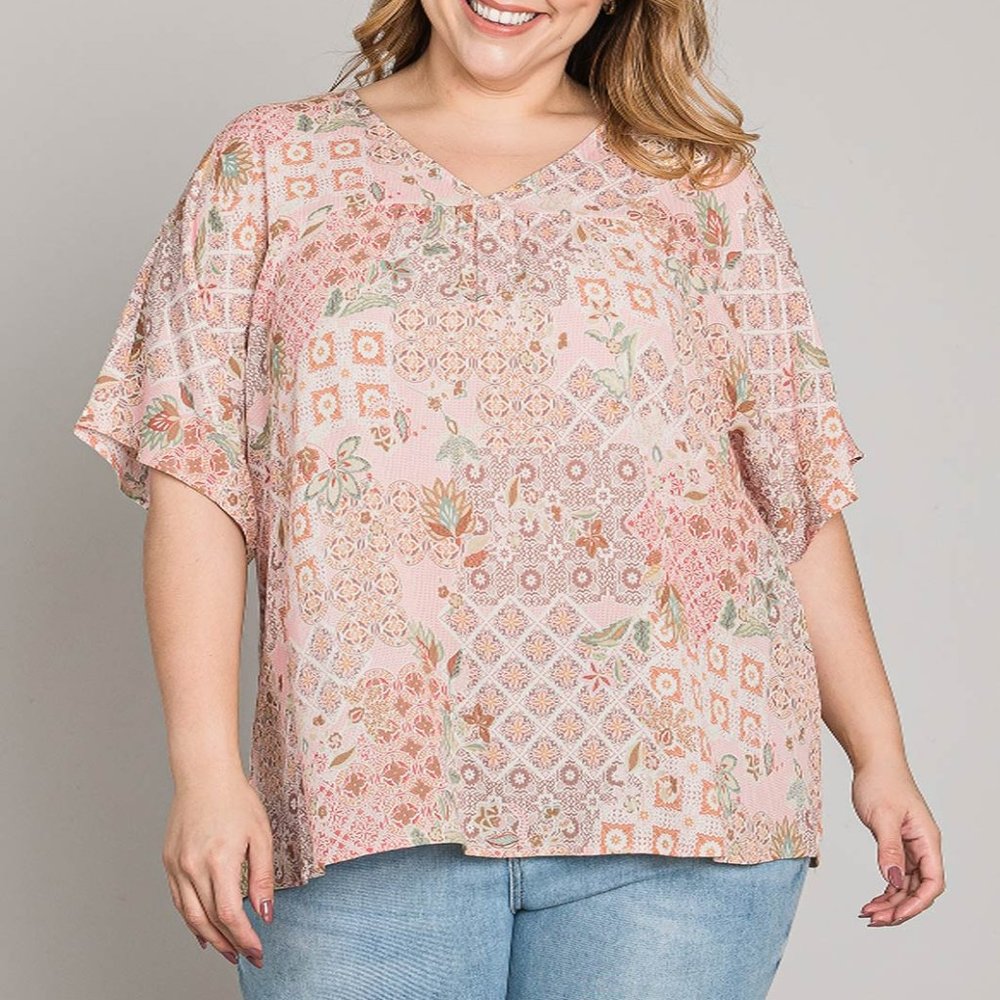 Plus Short Sleeve Pattern V Neck